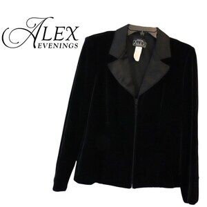 Alex Evenings, Velvet Satin Collared Zipper Jacket, Black